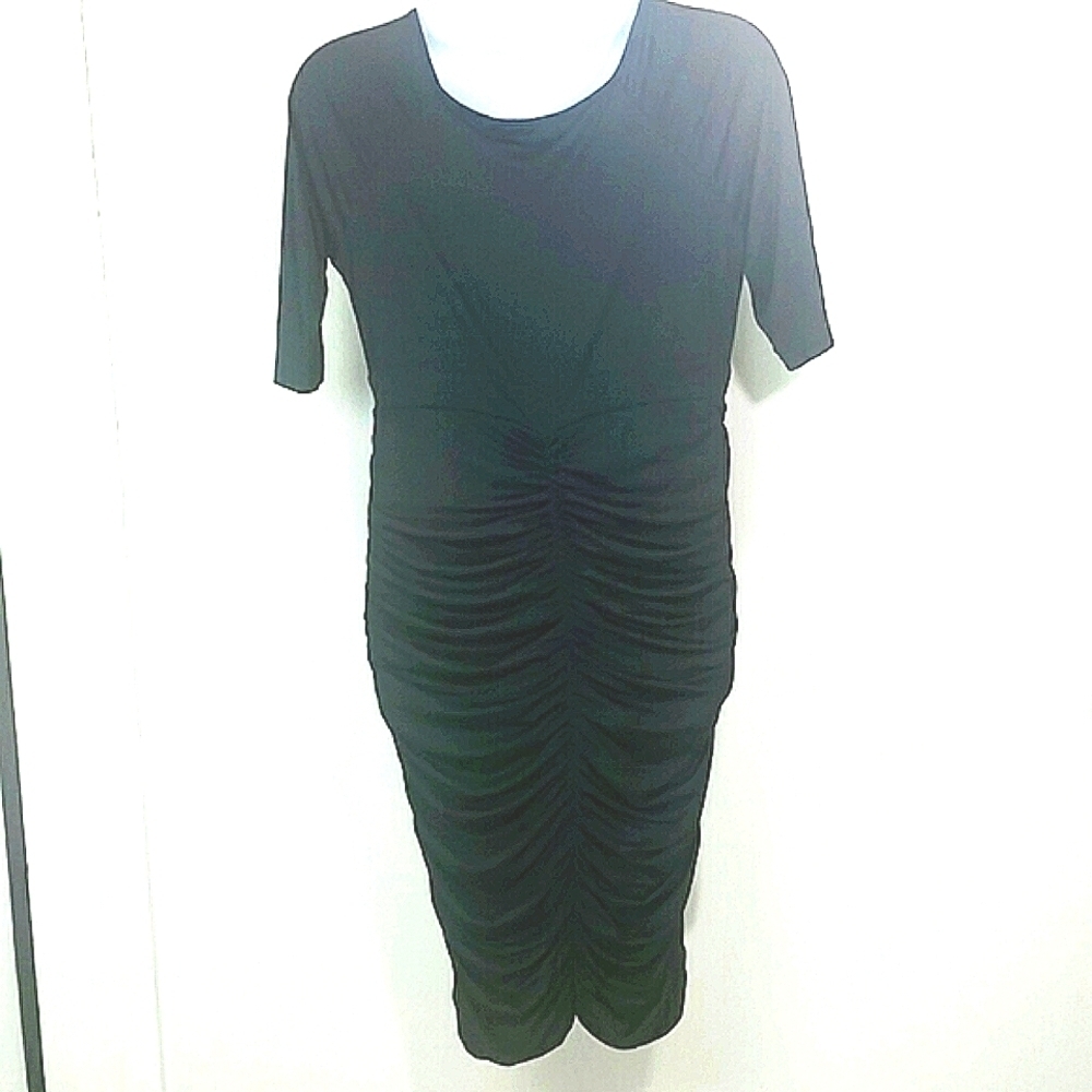 🖤 Classic Black Ruched Midi Dress Elbow Sleeve Size 1X Stretch Cocktail Formal - Picture 7 of 7